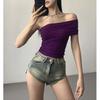 Playera Tubo de Manga Corta con Hombros Descubiertos para Mujer, Verano Ajustado Cintura Entallada Deseo Puro Elástica Adelgazante Corta Versátil