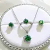 Juego de Joyería Transfronterizo para Mujer, Anillo de Rosa con Esmeralda Simulada, Aretes, Colgante, Collar, Juego de Joyería de Tres Piezas