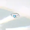 Anel de Cristal Azul com Zircônia e Strass em Formato de Coração, Estilo Coreano, Ajustável, com Junta Aberta, para Meninas