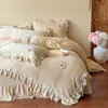 Estilo Princesa Francesa Cobertor de Cama Espesso em Lã de Leite Conjunto de Quatro Peças Estilo Coreano Renda Fleece de Coral Capa de Edredom Lençol de Cama Conjunto de Roupa de Cama