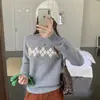 Suéter de punto de lana pura para mujer, nueva colección otoño e invierno, patrón de rombos de moda, cuello redondo, suéter casual con bloques de color, moderno y cálido