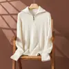 Suéter Feminino de Cashmere com Zíper Meio e Torção Outono/Inverno Moda Cor Lisa Solto Fio Duplo Espessado Tricotado Base Pulôver