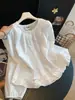 Blusa blanca con ribete de encaje estilo coreano para mujer, cuello redondo, de un solo pecho, dobladillo con volantes, mangas largas abullonadas, top para principios de otoño