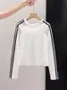 Camiseta Manga Longa Listras Duplas Cor Contrastante Simples Feminina Primavera Outono Branco Gola Redonda Manga Raglan Emagrecimento Casual Camada Base Top