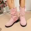 Otoño 2026 Nuevas Botas de Gamuza Retro de Talla Grande Hasta la Pantorrilla con Cruces, Punta Redonda, Tacón de Cuña Fruncido, Caídas Hasta la Pantorrilla para Mujer