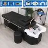 Cama de champú para salón de peluquería de acero inoxidable con circulación de agua, cama de terapia para la cabeza con calentador de agua, cama de belleza con masaje y vapor