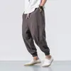 Pantalones casuales de lino japonés estilo chino para hombre, pantalones jogger holgados de pierna ancha, pantalones harén tipo linterna de algodón y lino talla grande