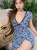 Traje de baño Vestido Floral Azul Vintage para Mujer Sexy Escote en V Manga Corta Ajustado Ajustado Traje de Baño para Aguas Termales