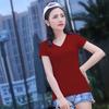 Camiseta de Algodón Lycra Manga Corta Color Sólido Cuello en V Corte Ajustado Camisa Base Negra Cuello Redondo Ropa para Mujer Fábrica Venta al por Mayor