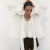 Design de Moda Feminina Transfronteiriça Blusa de Chiffon com Babados Nova Moda Mais Vendida Gola Alta Pequena Camisa Branca com Manga Sino