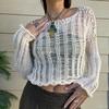 Blusa de malha com protetor solar verão europeu e americano feminino AliExpress gola redonda manga comprida oco elegante curto casual top para mulheres