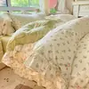 Conjunto de Quatro Peças Estilo Coreano Algodão Integral Floral Pequeno Algodão Puro Estilo Pastoral Fresco Princesa Lençol com Babados Capa de Edredom Roupa de Cama