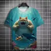 Gatinho Divertido Pesca na Praia Impressão 3D Transfronteiriça Camiseta Casual Masculina Gola Redonda Venda Direta da Fábrica Fonte