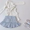 2026 Novo Estilo de Verão para Meninas Estilo Coreano Cor Lisa Fofo Top Colete com Orelhas de Coelho Saia com Babados em Formato de Coração