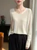 Nova Camiseta Feminina de Manga Longa com Decote V, Top Fino e Simples Versátil, Cor Sólida de Caimento Solto, Camisa Básica Simples de Tricô