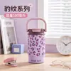 Novo copo térmico com opções duplas de bebida, caneca de café estilosa para mulheres, garrafa de água com estampa de leopardo, bonito e portátil