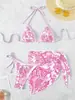 Porcelana Azul y Blanca Nuevo Bikini de Tres Puntos Divididos de Comercio Exterior Traje de Baño para Mujer Sexy Espalda Descubierta Cuello con Cordones Traje de Baño Biki