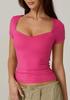 Camiseta Básica Feminina Amazon Cross-Border, Manga Curta, Gola Coração, Cor Sólida, Modelagem Slim Fit, Cropped Fashion
