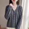 Cárdigan Retro de Punto Trenzado para Mujer Otoño Invierno Botones de Perla Cuello en V Holgado Suave Esponjoso Abrigo Suéter Top para Viajar