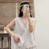 2026 Nuevo Chal de Algodón y Lino con Cuello en V y Ribete de Encaje, Sin Mangas de Verano Artístico Ajustado Versátil Holgado Elegante Camisa Top