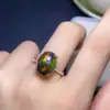 Anel de Opala Negra Colorida Natural Cheio de Cor Fogo Pedra Principal 10*14mm Prata Esterlina 925 Incrustado com Precisão
