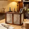 Porta-Canetas de Vidro Embossado Flor Begônia Retrô com Base de Madeira Sólida, Compartimento Duplo, Recipiente de Armazenamento para Papelaria e Diversos de Mesa de Escritório, Ornamento
