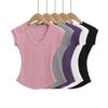 Top Camiseta Sexy Cintura de Hormiga Verano 2025 Nuevo Ajuste Ceñido Adelgazante Cuello en V Hombro Derecho Camiseta Básica Adelgazante