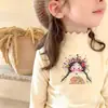 Camiseta térmica base para niña con cuello semi-alto cepillado para primavera, otoño e invierno, con bordes rizados, adecuada como capa interior o top cálido