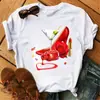 Camiseta de verano de manga corta para mujer, estilo europeo y americano, color rosa, con estampado de tacones altos, camiseta blanca de manga corta, talla grande para mujer