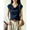 Elegante top de punto azul con cuello drapeado y mangas acampanadas para mujer, nuevo estilo de verano 2026, extremadamente atractivo y rejuvenecedor