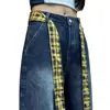 Jeans azules gris holgados y adelgazantes de talla grande con figura de pera para mujer, pantalones de pierna ancha estilo americano con diseño de patchwork tie-dye