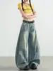 Jeans rasgados de guadaña de estilo callejero americano para mujer, primavera y otoño, elegantes de cintura alta, holgados, lavados, de pierna ancha, largos