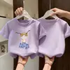 Camiseta de Algodão Puro de Manga Curta para Meninas Verão Nova Estampa de Desenho Animado Top Soltinho Amigo da Pele de Meia Manga para Menininha