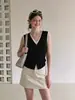 Colete de Tricô Sem Mangas Preto e Branco de Alta Qualidade com Bloqueio de Cor Decote V Falso Duas Peças Feminino Verão Old Money Retrô Emagrecedor Outerwear 8866