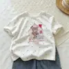 Camiseta de Algodón de Copos de Nieve para Niñas de Verano con Estampado de Oso, Manga Corta, Dibujos Animados, Cuello Redondo Nuevo, Lunares, Bonito Top Infantil
