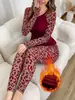 Conjunto de Ropa de Casa Térmica Cálida para Mujer Otoño e Invierno, Estampado de Leopardo, Manga Larga, Pantalón Largo, Transfronterizo Europeo y Americano