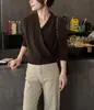 MANNALA"Suéter Macio como Nuvem" Elegante e Luxuoso Tricô de Triacetato e Lã de Ovelha com Gola V Cruzada e Mangas Longas