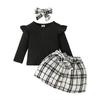 Conjunto de Top de Manga Larga con Rayas de Canalé y Falda a Cuadros para Niña Pequeña Otoño e Invierno, Top Negro y Falda Independiente para Bebé Niña