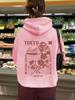 Tamanho Europeu Transfronteiriço Outono e Inverno Moletom Feminino Europeu e Americano com Capuz e Bolso Canguru de Manga Comprida Forrado com Lã Top com Estampa TOKYO