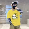Camada de Base Infantil Masculina Estampa de Desenho Animado Algodão Puro Fina Camiseta Estilo Coreano Listrada Elegante Gola Redonda Manga Longa