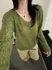 Suéter de punto de seda y cachemira con cuello en V y diseño calado para mujer, nuevo de otoño, de manga larga, corte holgado, versátil, suave y fino