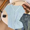 Blusa de Tricô Ice Silk com Decote V e Manga Curta da Moda para Mulheres, Camiseta de Verão Petite Slim Fit, Regata com Recortes
