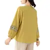 Nueva Camisa de Algodón y Lino Otoño Manga Larga Holgada Talla Grande para Mujer Madre de Mediana Edad Bordada Cuello Redondo Top Moda