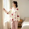 Pijama de Oso de Fresa para Mujer, Traje de Pantalón Largo de Manga Larga de Algodón Imitación para Primavera y Otoño, Estilo Japonés Dulce y Lindo, Ropa de Casa para Estudiantes