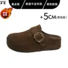 Versão em Couro Sola Grossa Estilo Retrô Sapatos Birkenstock Femininos Acolchoados com Veludo Quente Sapatos de Algodão Bico Fechado Meio Chinelos Mules para Exterior