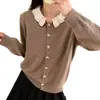 Cárdigan de punto con cuello polo de encaje y manga larga para mujer, primavera y otoño, corte holgado, adelgazante, elegante y de alta gama