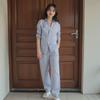 Verão Feminino 2025 Novo Sal Leve Maduro Pequeno Estilo Chanel Elegante Casual Camisa Azul Calça de Perna Larga Conjunto de Duas Peças