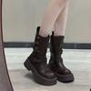 Hebilla de Cinturón Dos Usos Botas Retro de Media Caña con Suela Gruesa para Mujer 2025 Otoño Nuevo Punta Redonda Tacón Grueso Estilo Coreano Botas Slim de Caballero
