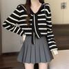 Tejido de Punto Rayado con Cuello Azul Marino Estilo Tweed para Mujer Otoño Temprano Nueva Moda Top Retro Estilo Perezoso Chic Camisa Pequeña