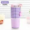 Copo Térmico de Aço Inoxidável de Alto Acabamento para Meninas, Grande Capacidade, Copo com Canudo Duplo, Portátil, Uso no Carro, Copo Térmico Xadrez Colorido